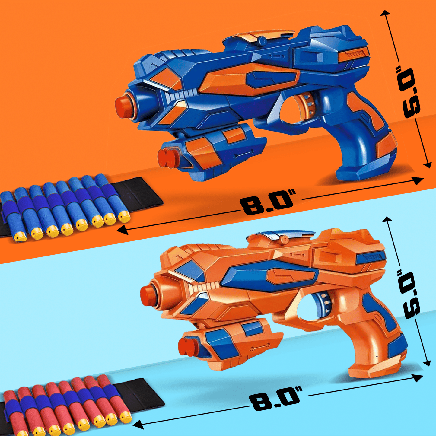 JoyX blue and orange blaster guns with size dimensions and foam dart cartridges against an orange background.
