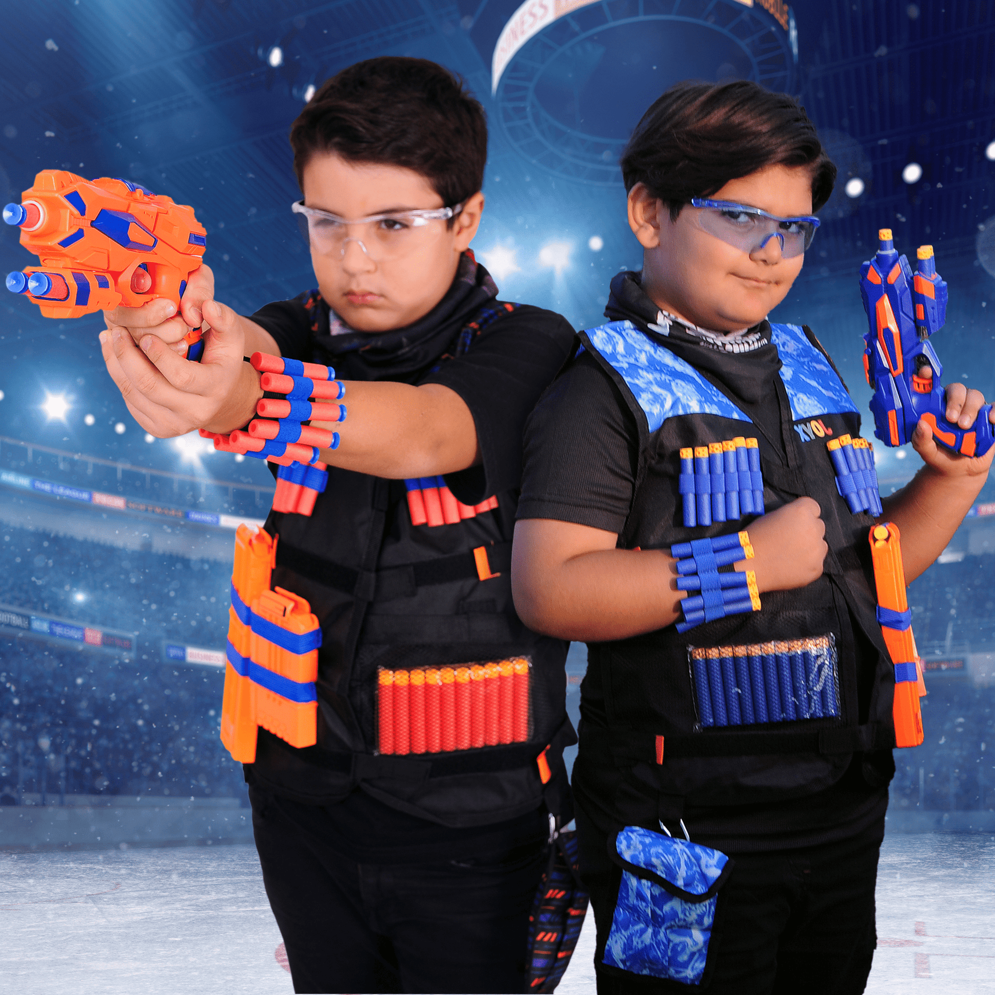 Two children engaged in a space-themed adventure, equipped with JoyX blaster guns and tactical dart vests, against a cosmic background.