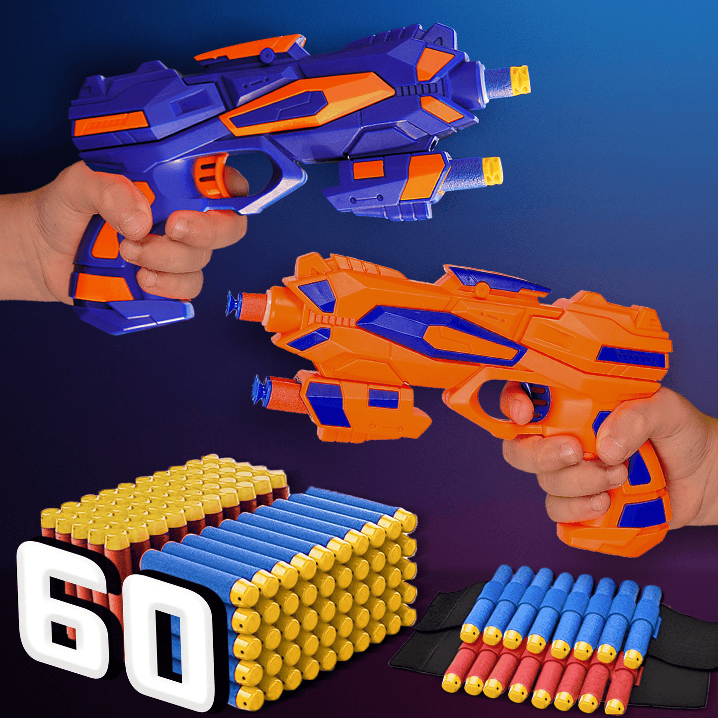 Action shot of hands holding JoyX blaster guns in blue and orange with foam darts and score counters on a purple background.