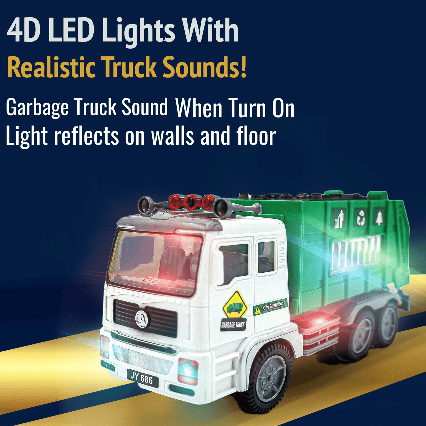 Garbage Truck Toy 4D Lights & Sounds - Battery-Powered Bump & Go Action, Kids Sanitation Vehicle with Realistic Stickers