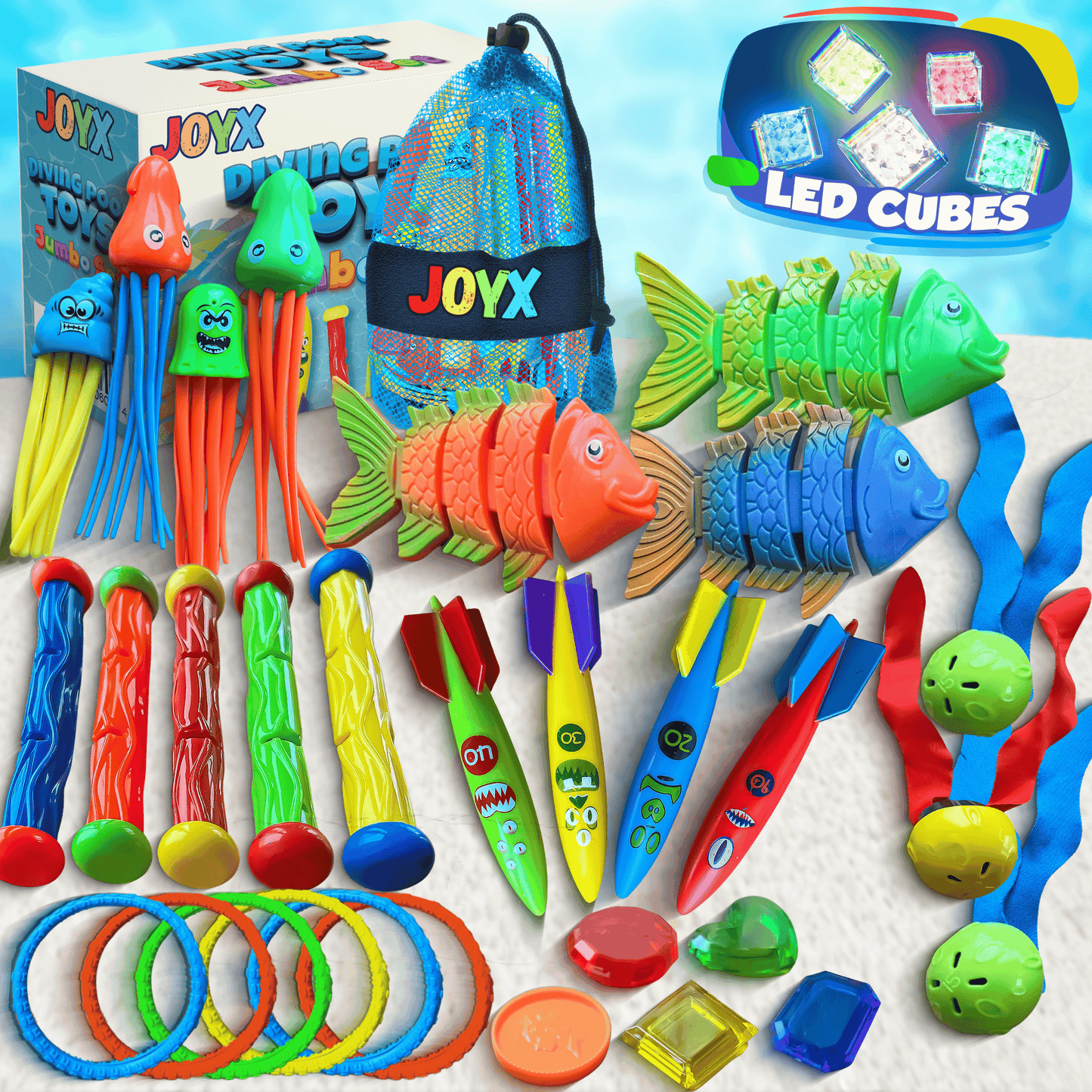 35 Pcs Pool Toys Set with LED Pool Light Cubes Diving and Swimming Learning for Kids