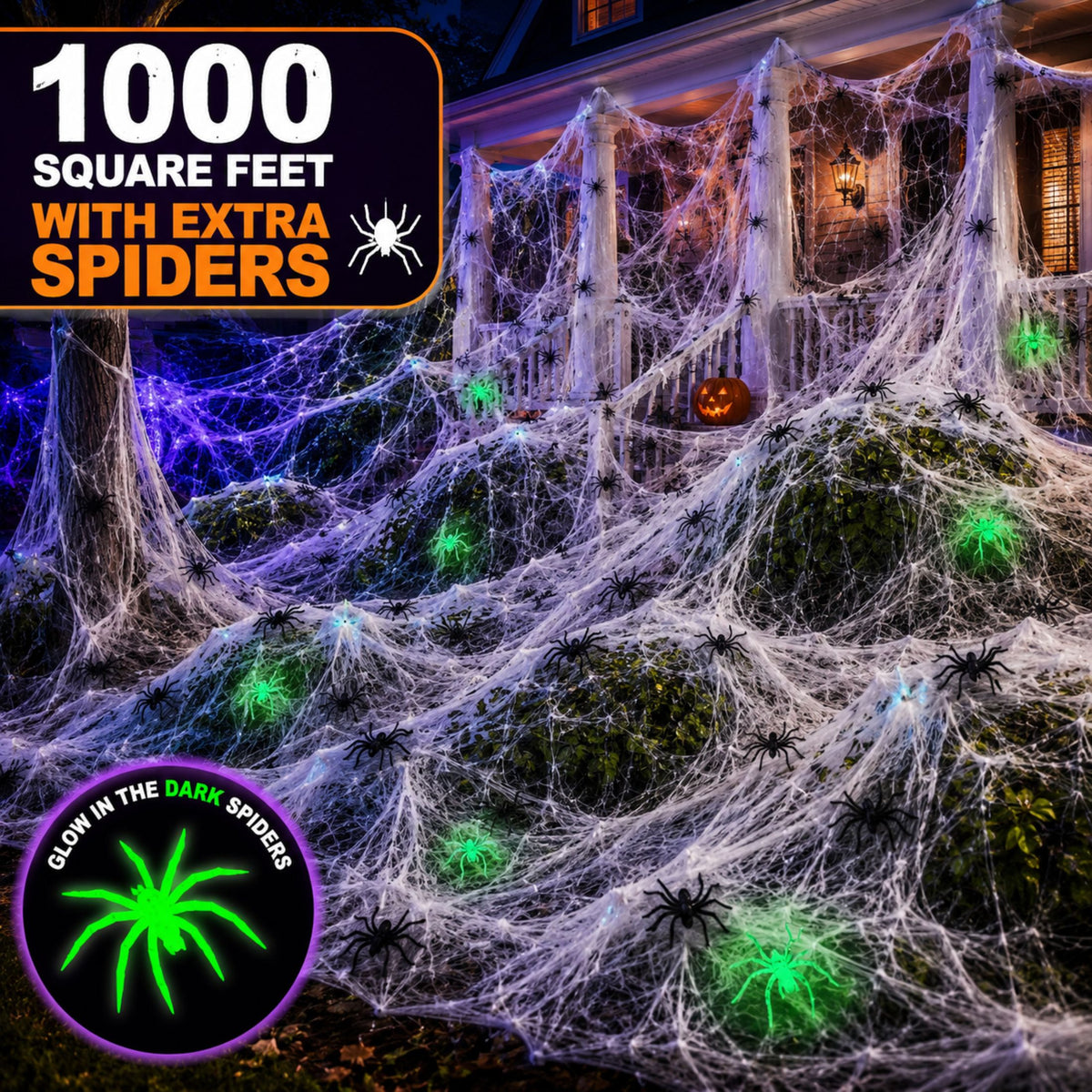 Halloween Spider Web Decorations, 1000 Sq Ft Stretch Cobweb, 60 Spiders, 30 Glow