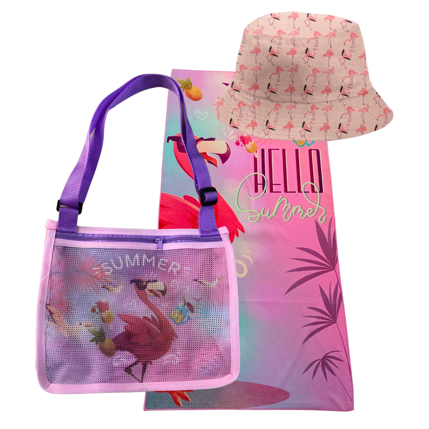 JoyX Kids Beach Bundle Set: UV-Protected Hat, Double-Sided Towel & Beach Bag - Summer Fun Essentials (Flamingo & Splash)