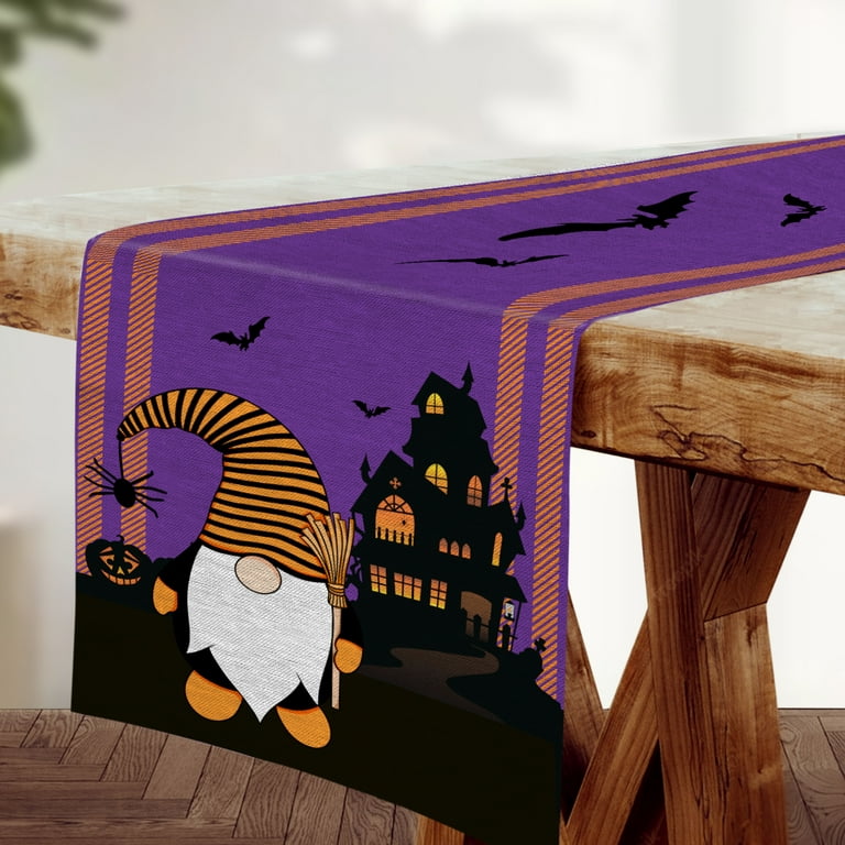 Festive Halloween Dining - DecorX Table Runner with Spooky Gnome and Bats - 14x72 Inch Purple