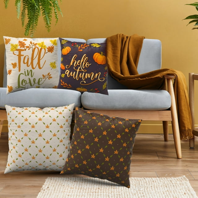 Seasonal Home Accents: DecorX Pillow Covers, 18x18, Set of 4, with Autumn Leaf & Pumpkin Motifs