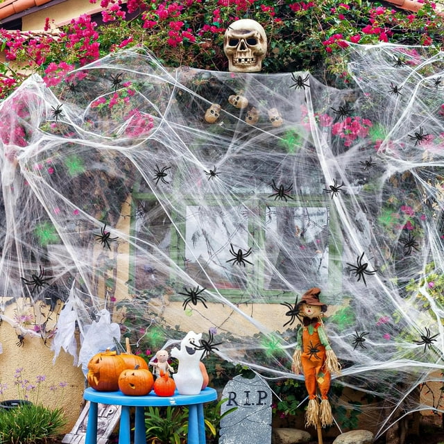 Halloween Spider Web Decorations with RIP Text - Indoor and Outdoor