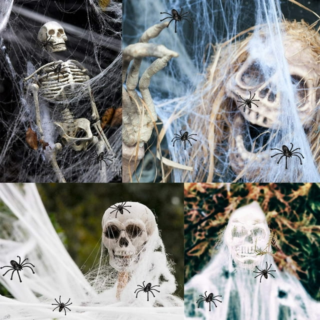 Skeleton Covered in Spider Webs and Fake Spiders - Halloween Decoration