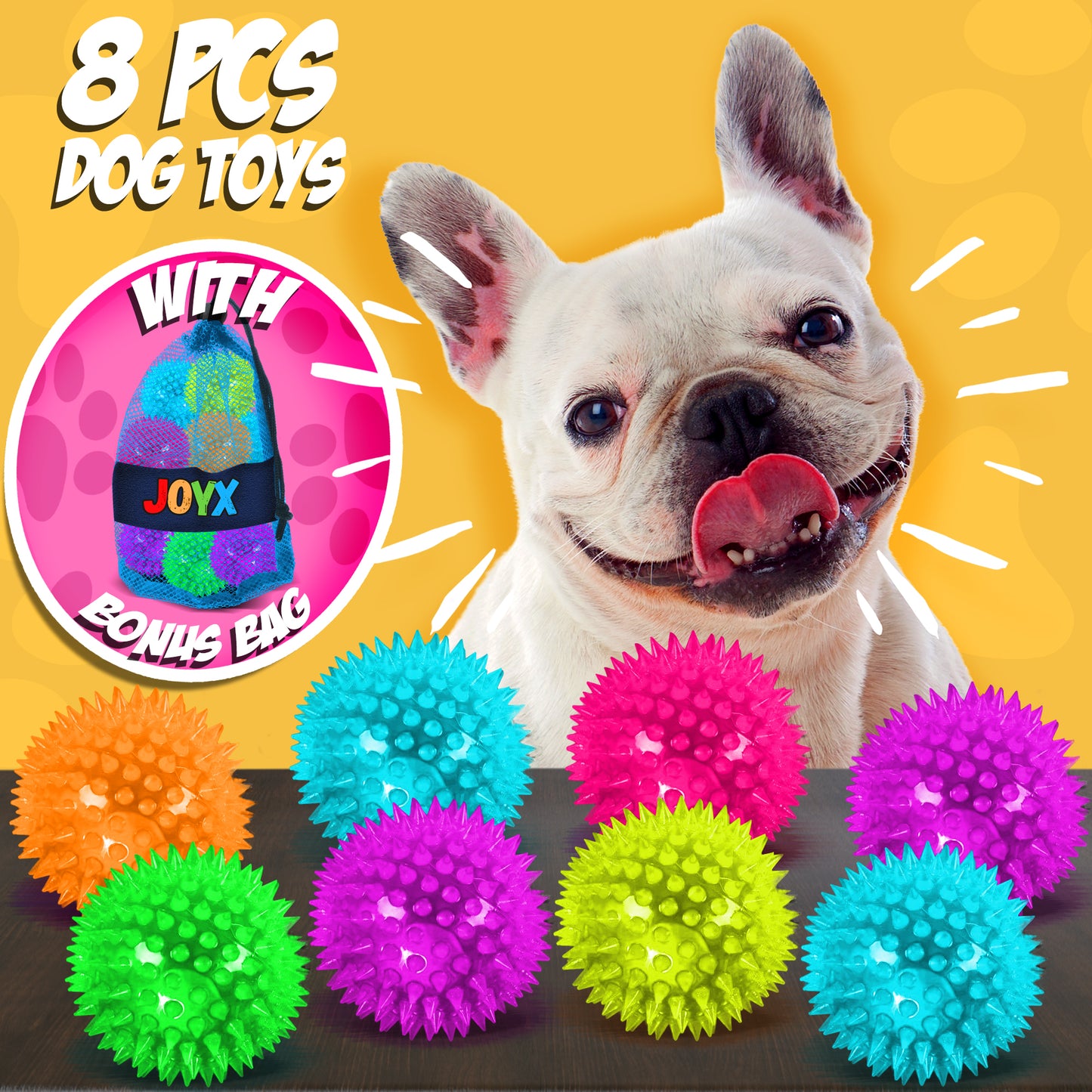 Multi-colored dog toys with a squeaky feature