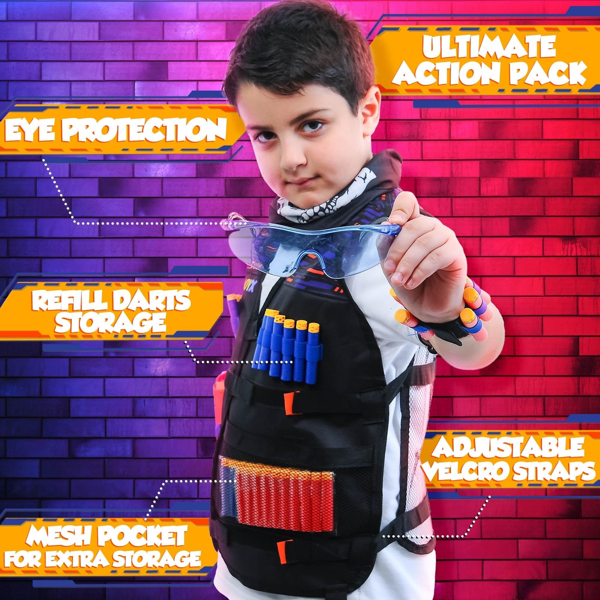 A child wearing a Nerf battle gear with toy guns and darts