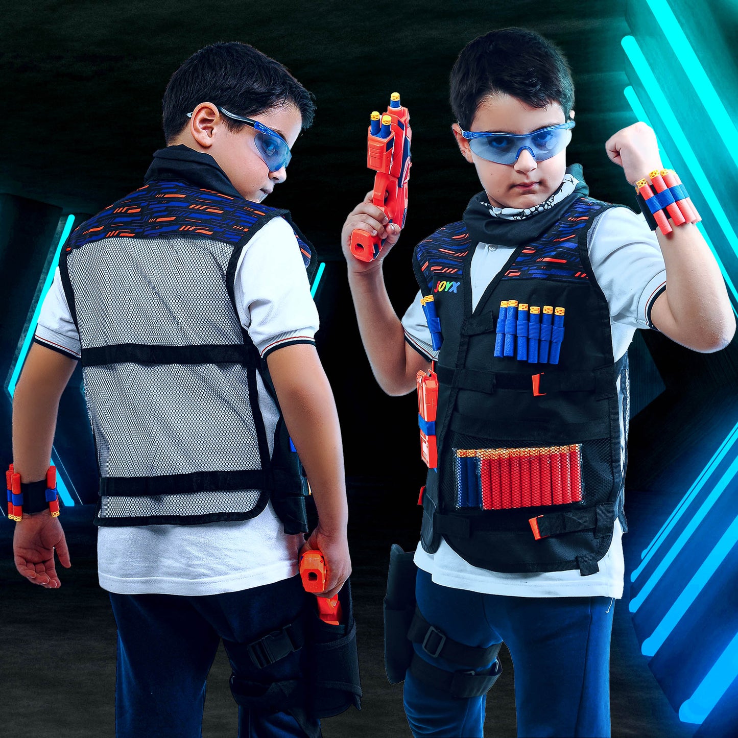 Nerf vest for kids with toy guns and darts