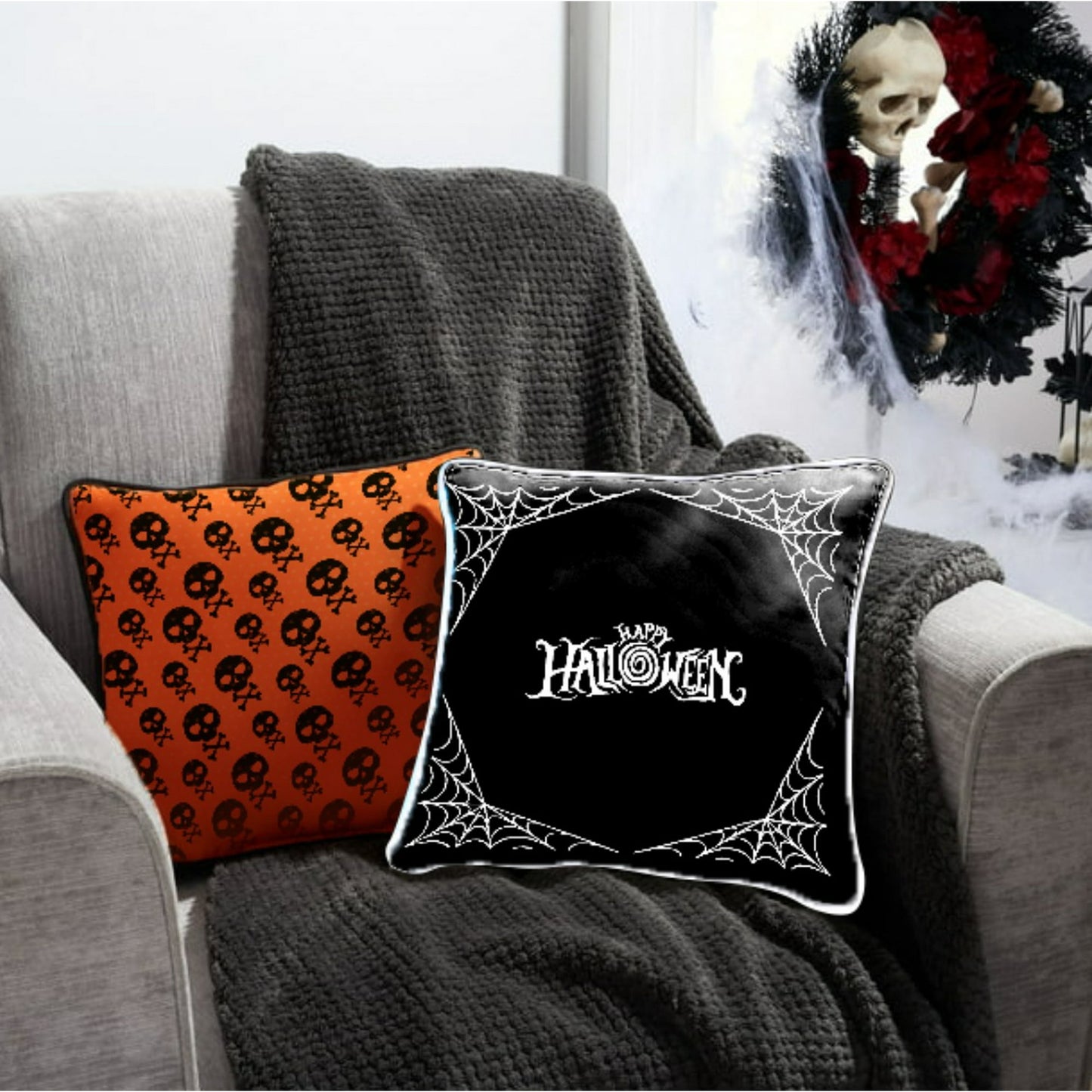 Black and white spider web Halloween pillow