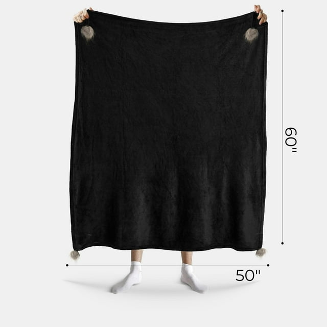 Black throw blanket with pom-poms, 60" x 50"