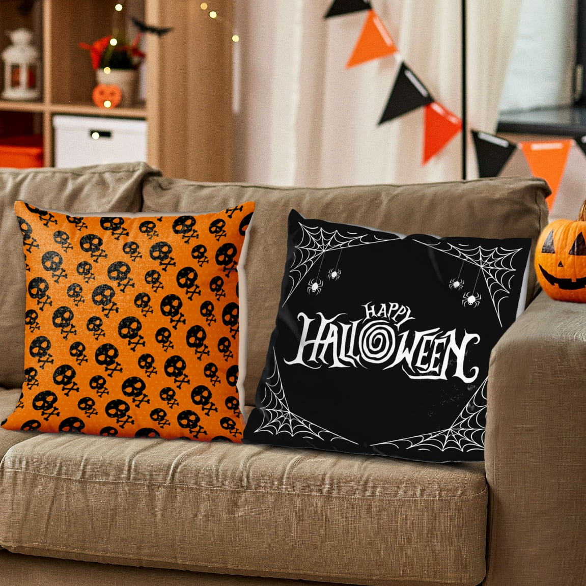 Happy Halloween Horror Pumpkin Pattern Pillows, 18x18inch, Square Decorative Pillow Cushion Cover Case with Zipper for Sofa Home Decoration