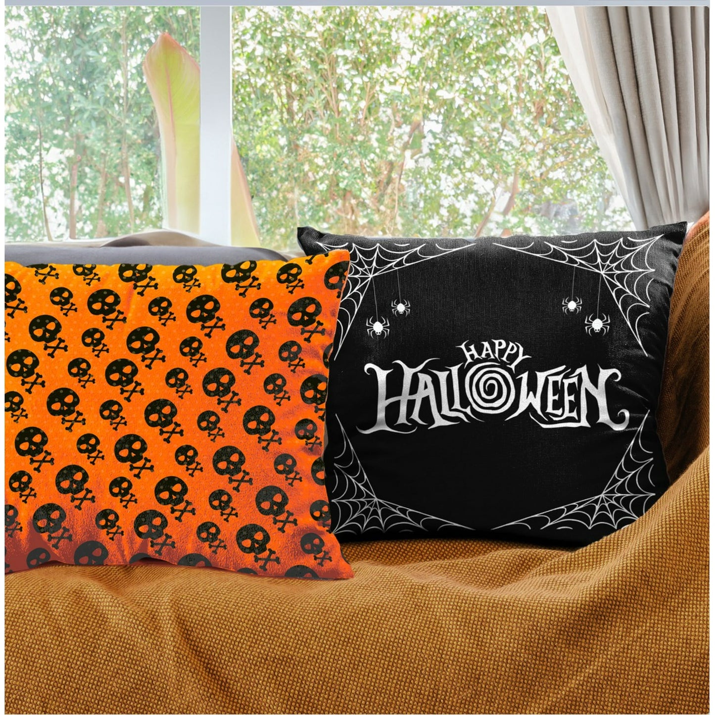 A pair of Halloween pumpkin pattern pillows with the text "Happy Halloween" printed on them.