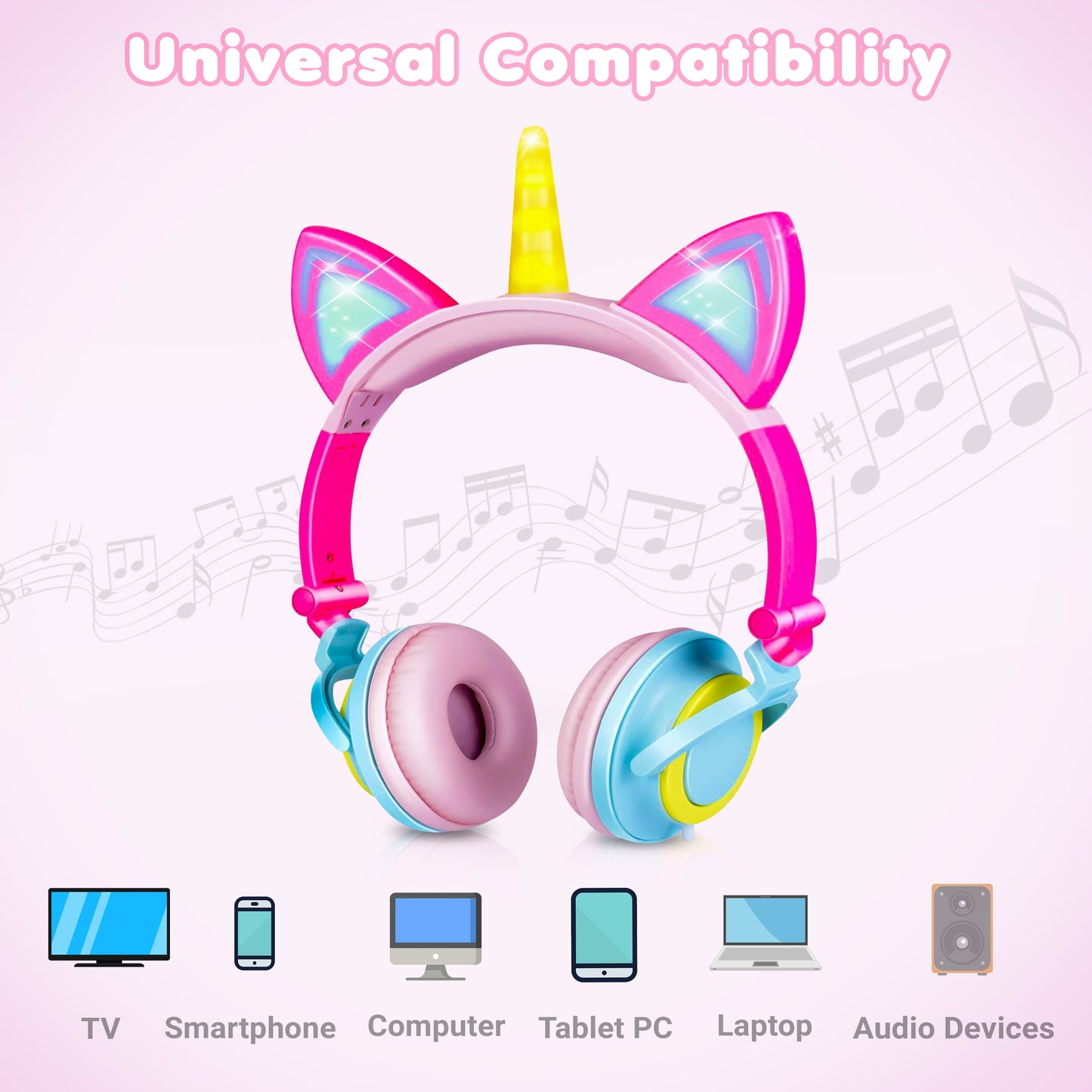 LED Unicorn Kids Headphones - Foldable Cat Ear Design for Girls School Essentials