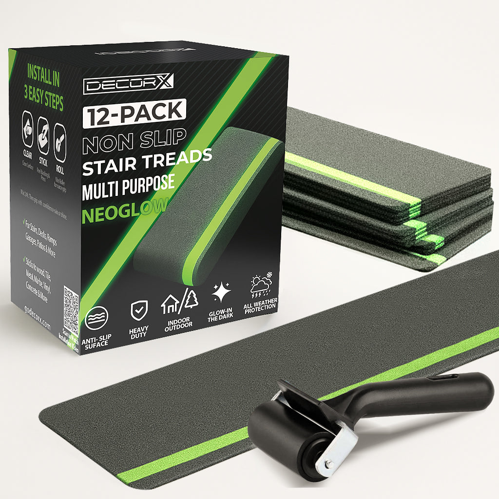 Glow in the Dark Non-Slip Stair Treads – 12 Pack, Heavy-Duty Anti-Slip Safety Strips for Indoor & Outdoor Stairs Gray