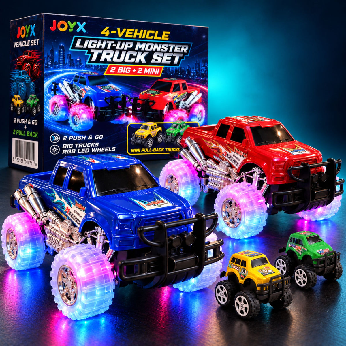 Light Up Monster Truck Toy Set – 4 Pack