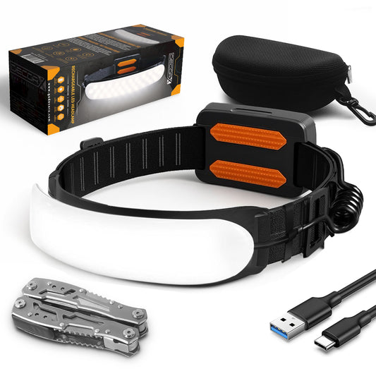 DecorX 1500 Lumens Rechargeable LED Headlamp for Adults, 230° Wide Beam, Adjustable Light Bar, 5000mAh Battery, IPX6 Waterproof + Multitool – Camping, Hiking, Running, Hunting & Construction