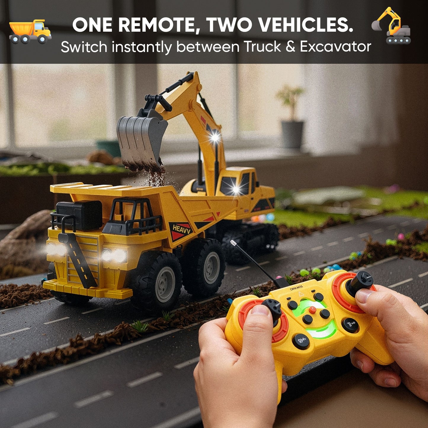RC 2-in-1 Truck & Excavator Set – Rechargeable STEM Construction Toy with LED Lights & Glow-in-the-Dark Stones