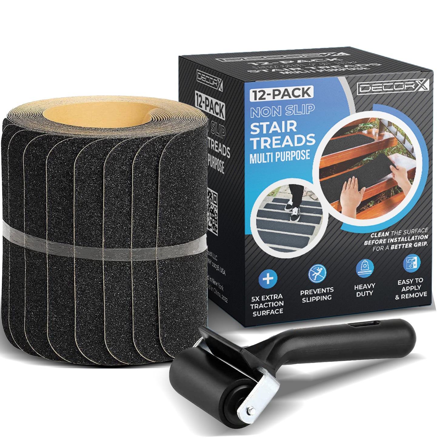 Pre Cut Stair Treads Non Slip Outdoor Tape Black Ideal for Garage Porch Indoor & Outdoor with Roller