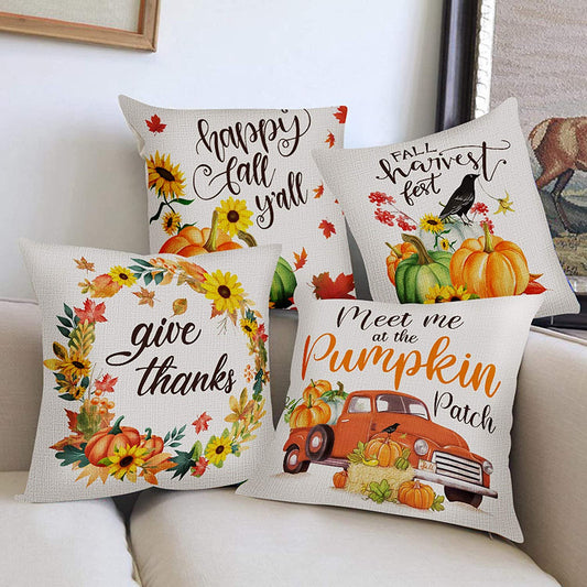 Cozy Farmhouse Decor: Set of 4 Autumnal Pillow Covers with Pumpkin & Sunflower Motifs by DecorX