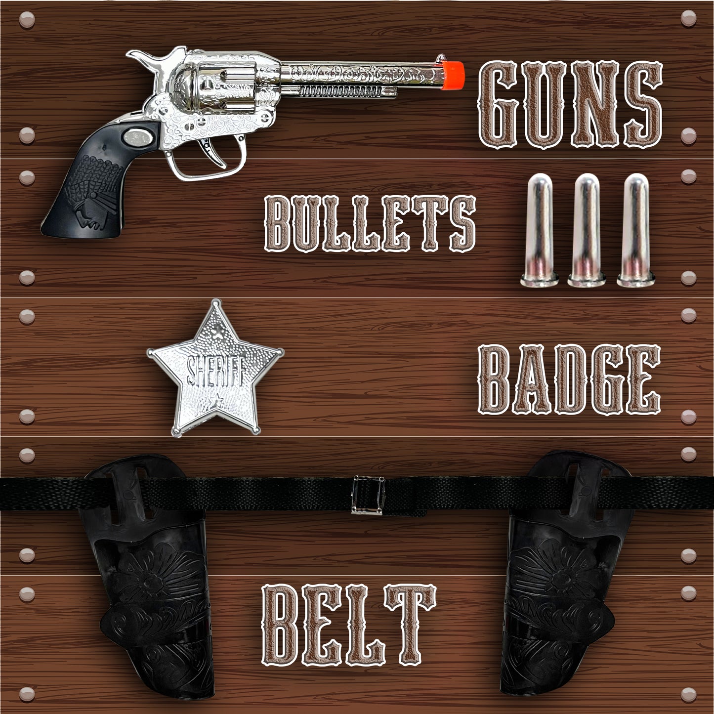 Old Western Action Belt Set for Kids with 2 Toy Pistols, Sheriff Badge, Gun Holsters, and 3 Play Bullets