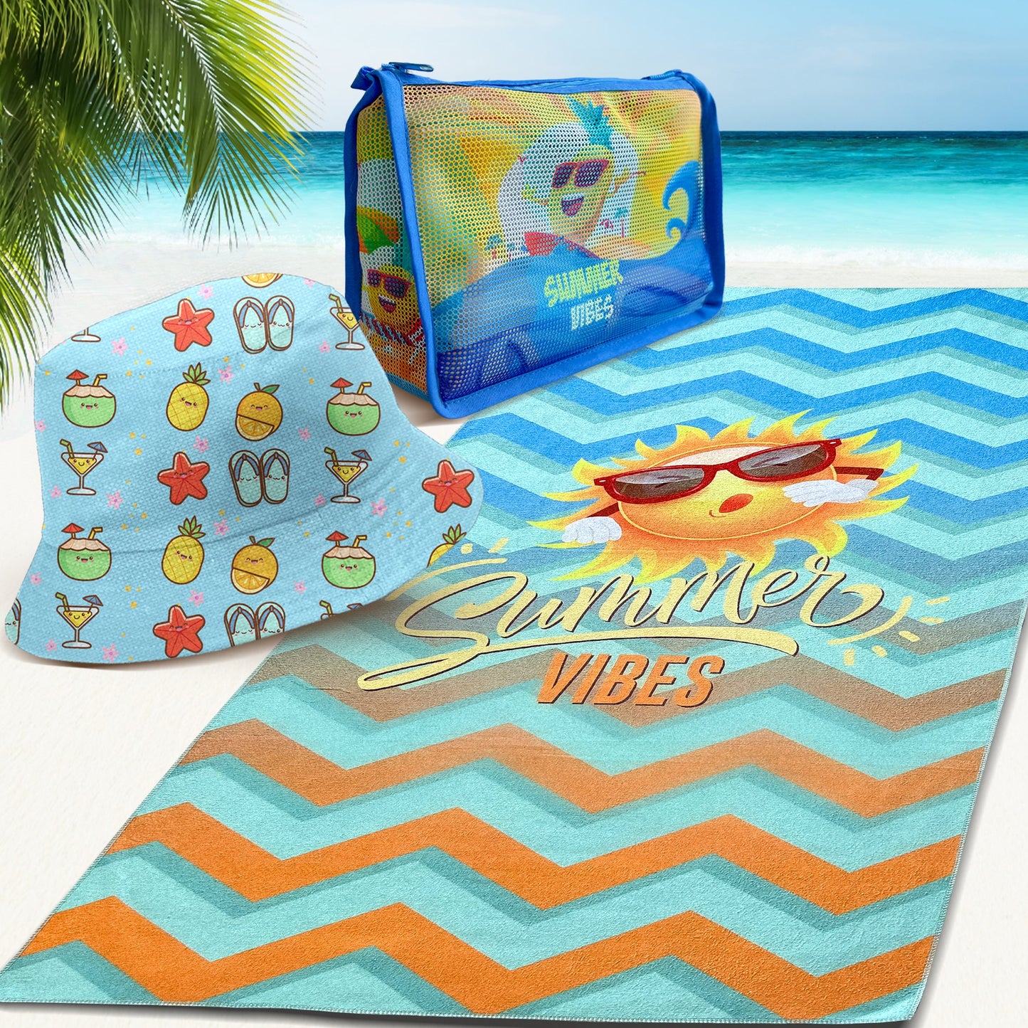 JoyX Kids Beach Bundle Set: UV-Protected Hat, Double-Sided Towel & Beach Bag - Summer Fun Essentials (Flamingo & Splash)