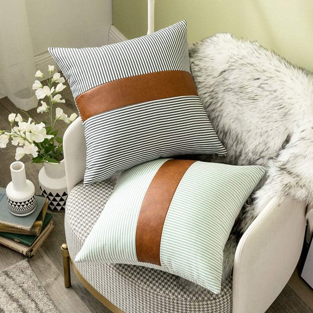 Decorative Pillow Covers Brown Faux Leather Boho Stripe Pillowcases