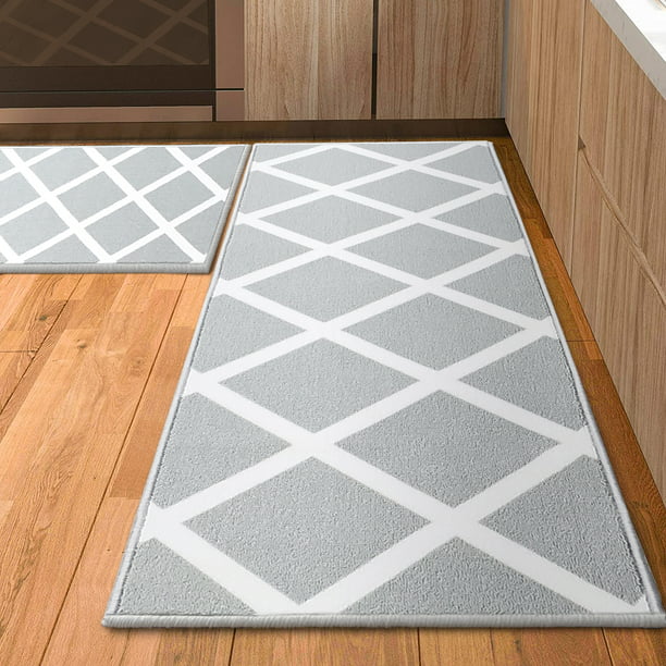 Geometric Runner 2 Pieces Kitchen Rugs and Mats Set Non-Slip Anti-Fatigue  Grey