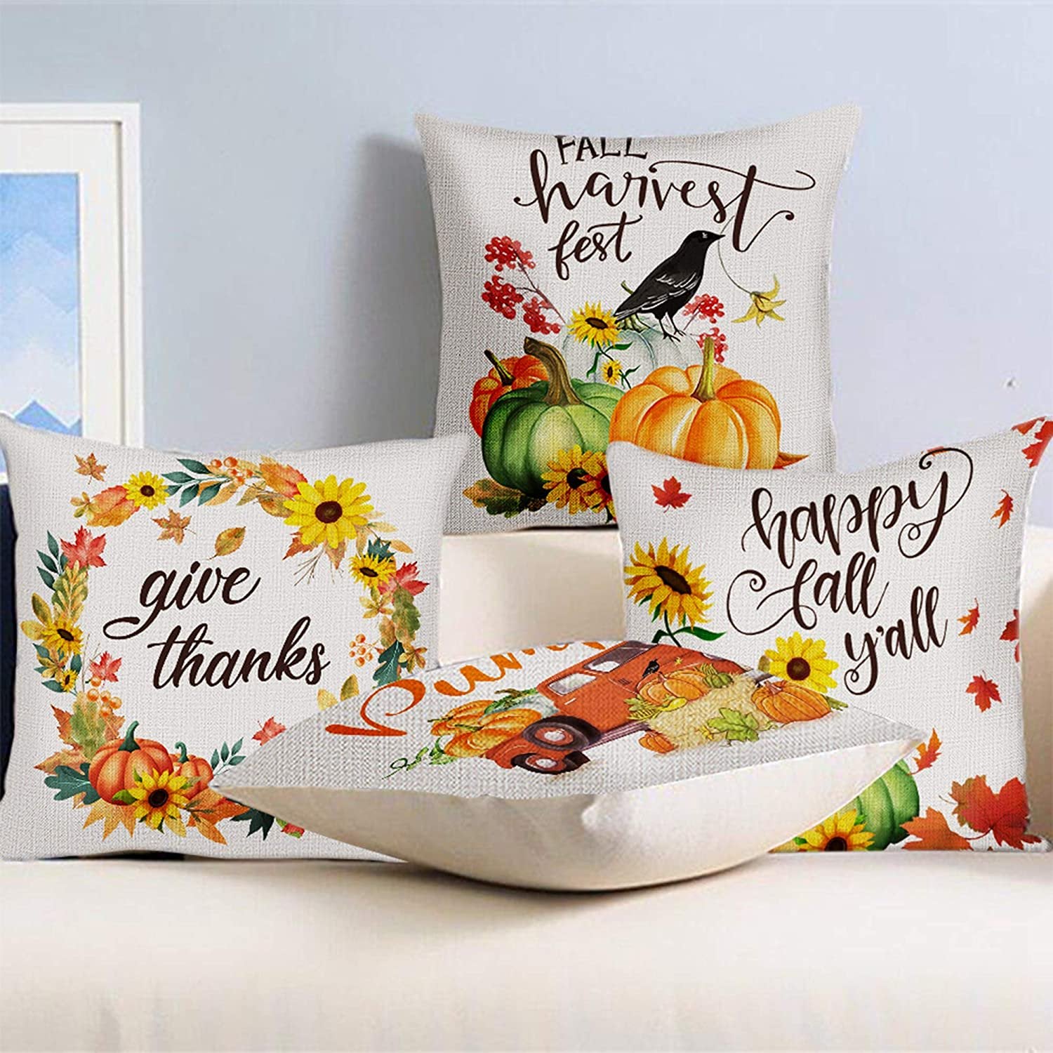Autumn Abode Makeover: Farmhouse Pillow Covers Set by DecorX - 4 Unique Designs with Pumpkins & Sunflowers