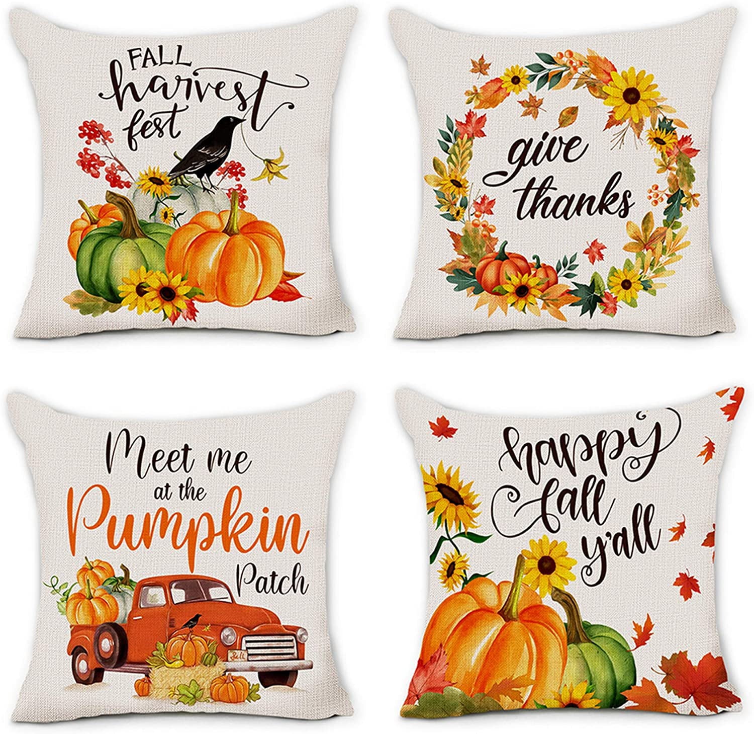 Rustic Home Accessories: Four Farmhouse-Styled Pillow Covers for Fall, Featuring Pumpkins & Sunflowers