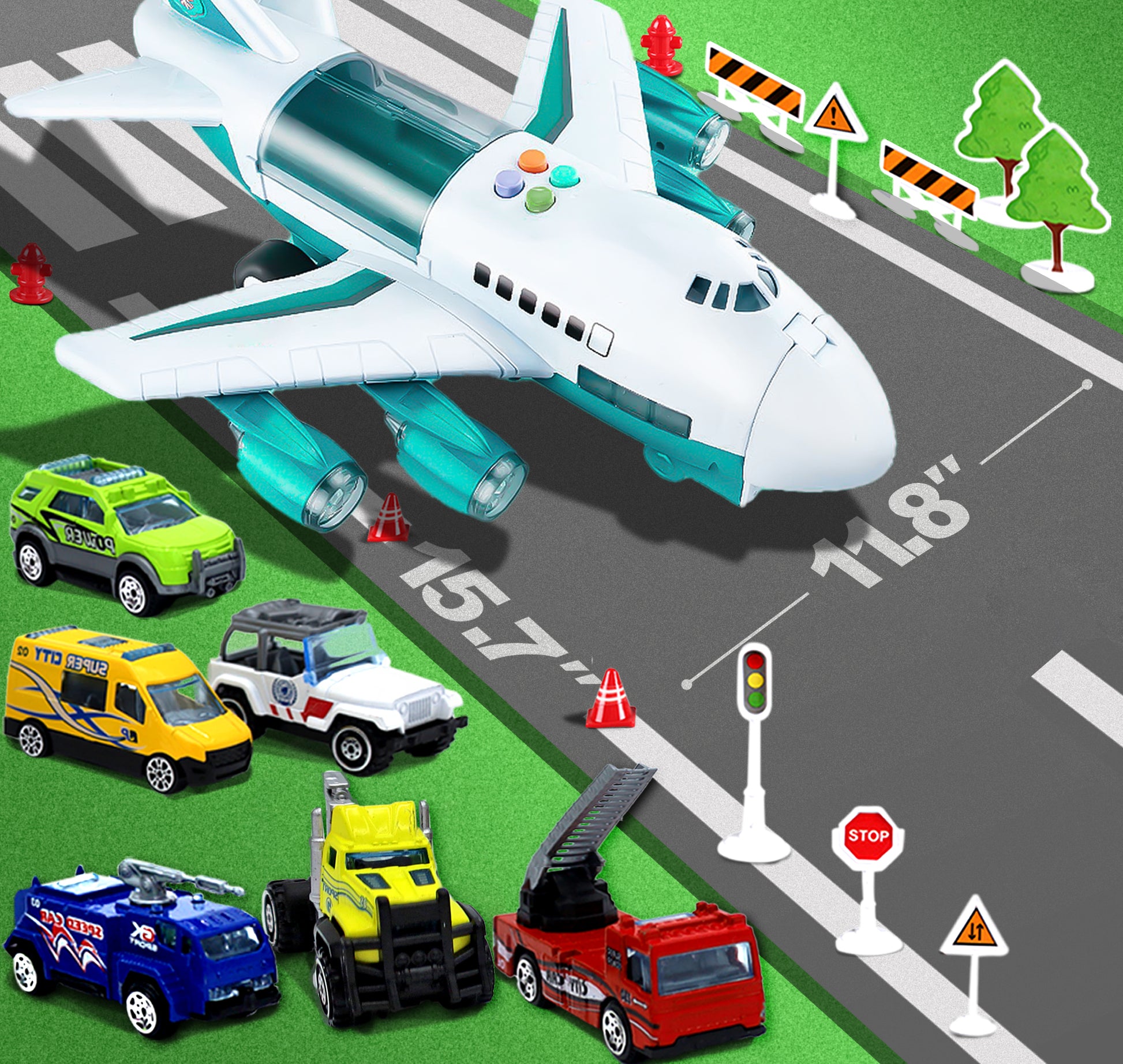 toy set that includes an airplane and cars