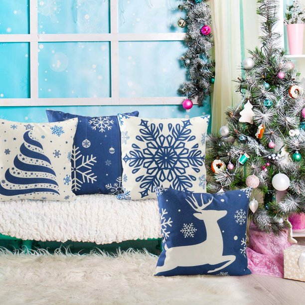 Blue Christmas ornaments throw pillow cover
