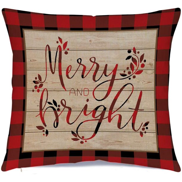 “Merry and Bright” throw pillow cover with red and black