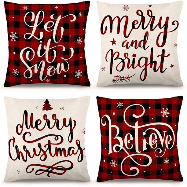 “Merry and Bright” throw pillow cover with snowflakes