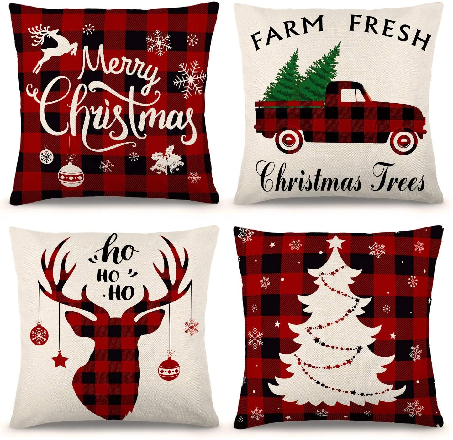 “Merry Christmas” throw pillow cover with snowflakes and ornaments