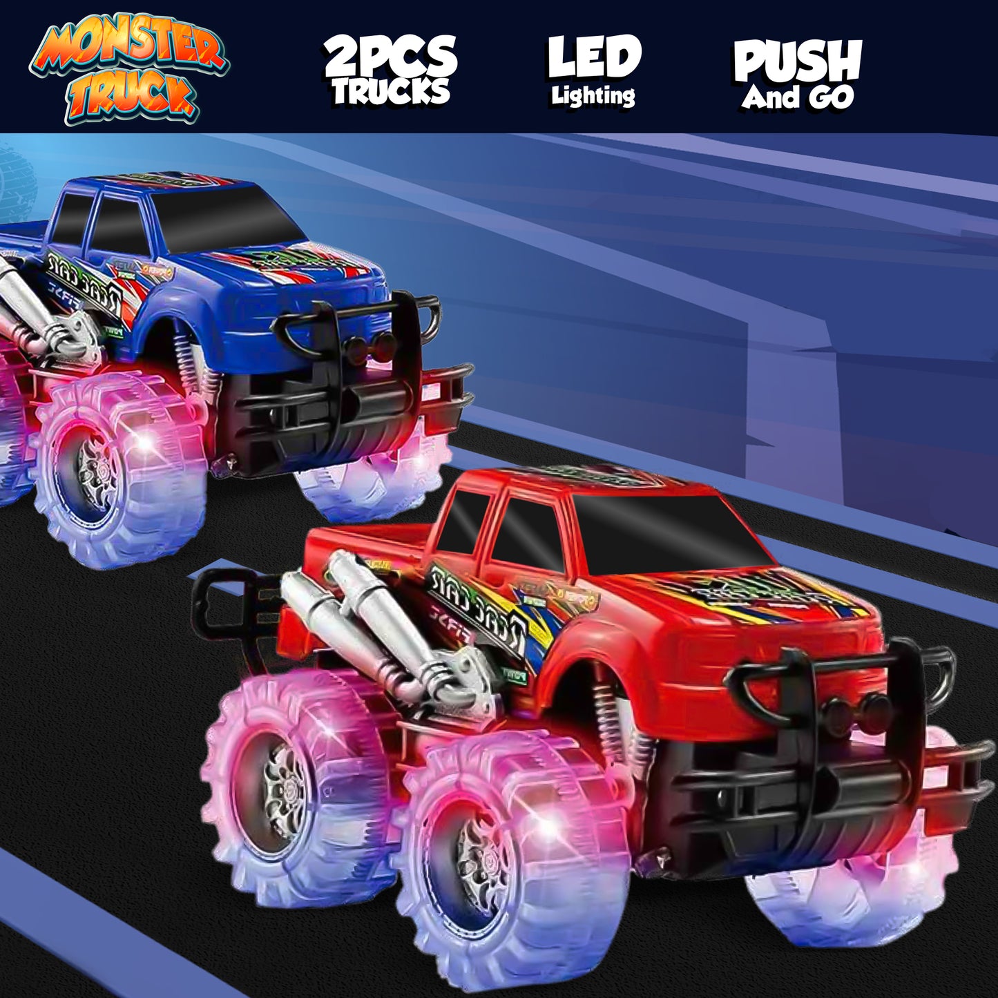 Monster truck toy with flashing lights for kids