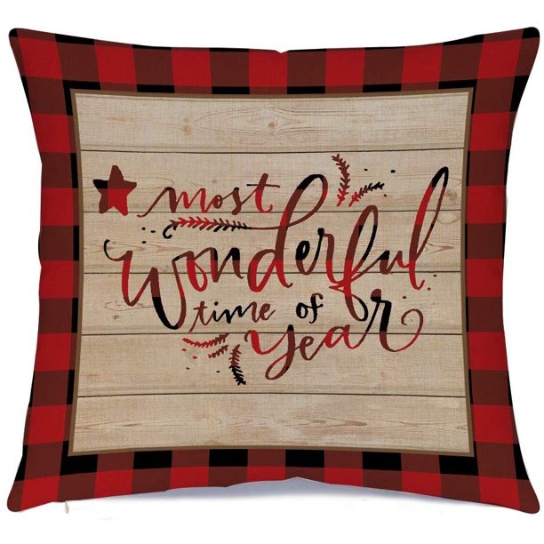 “Most Wonderful Time of Year” throw pillow cover with red and black plaid border