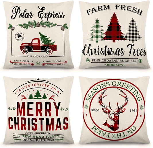 Polar Express themed throw pillow cover with red truck and Christmas tree
