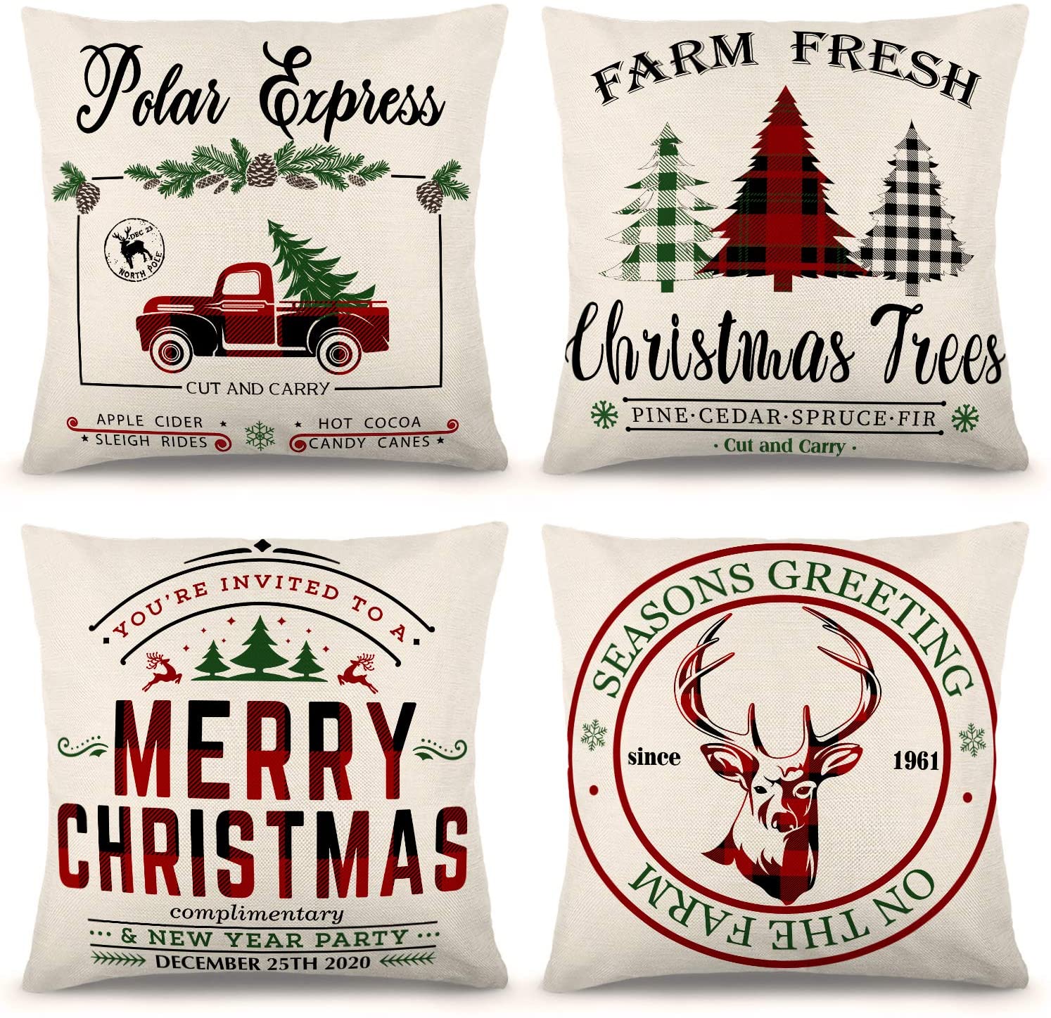 Polar Express themed throw pillow cover with red truck and Christmas tree